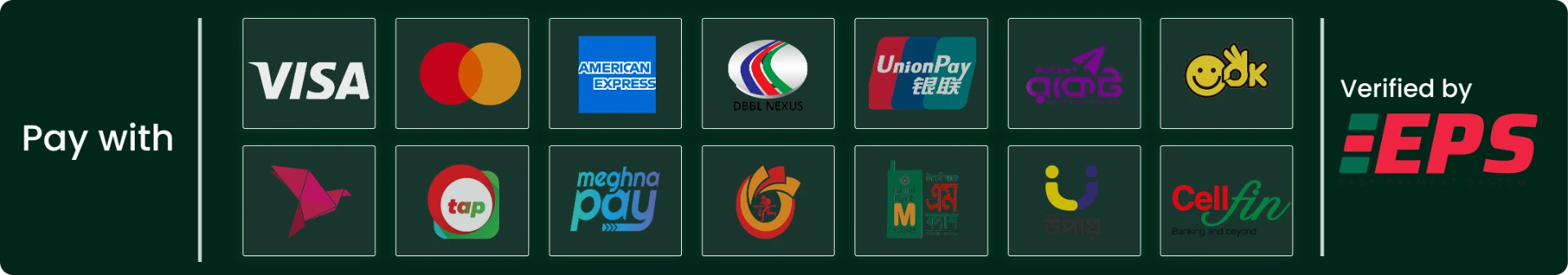 Pay with Visa, Mastercard, Amex, bKash, Nagad, Rocket and more — verified by EPS